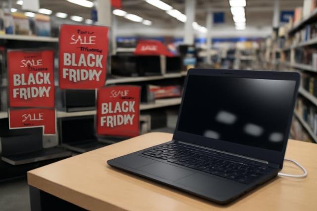 A sleek laptop placed on a light wooden display table in an electronics store, with blurred sale signs in the background.