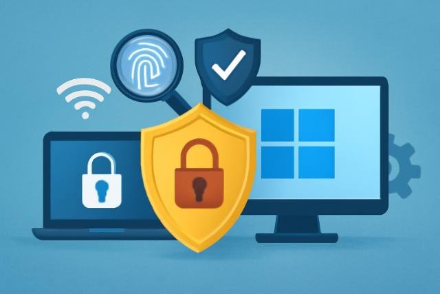 A digital illustration showing key security features of Windows 12, with a golden shield and a red padlock, a magnifying glass with a fingerprint, a laptop with a padlock icon.