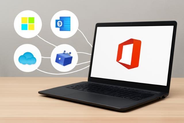 A black laptop on a light wooden desk displaying the Microsoft Office logo on the screen.