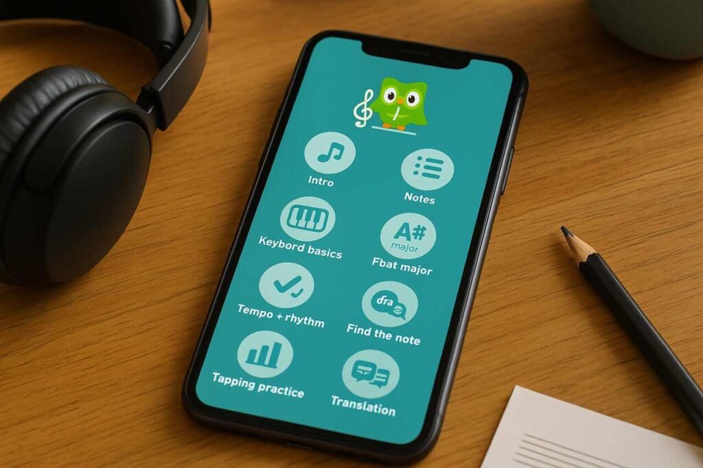 Duolingo Music app interface on smartphone with headphones and music tools nearby.