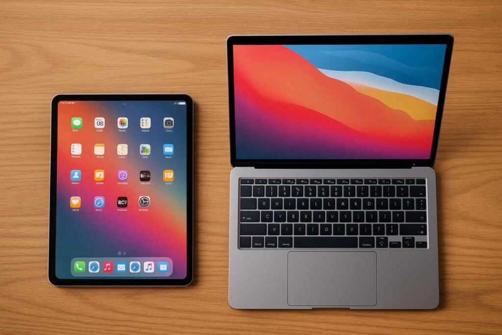 iPad and laptop side-by-side on desk displaying home screens.