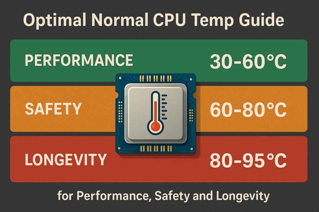 CPU on motherboard with heat flow visualizing optimal temperature range.