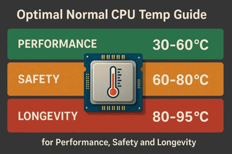 CPU on motherboard with heat flow visualizing optimal temperature range.