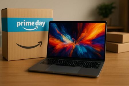 Laptop beside Amazon Prime Day box with colorful screen on desk.