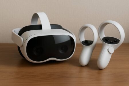 Meta Quest 3s VR headset and controllers on a wooden desk