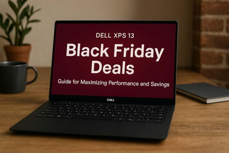 Dell XPS 13 laptop setup on desk with accessories, styled for Black Friday