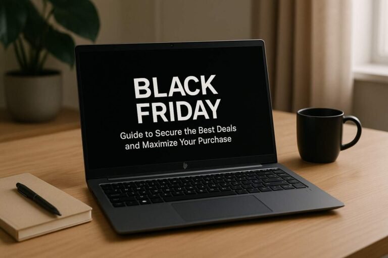 HP laptop on desk with Black Friday shopping setup