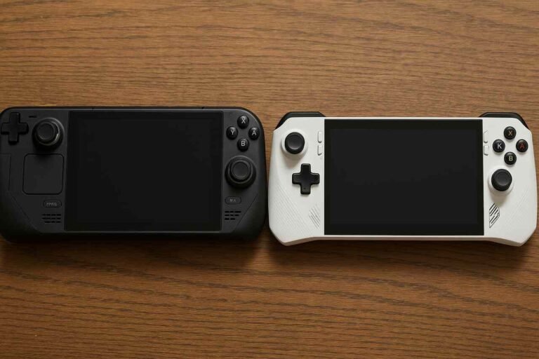 Steam Deck and ROG Ally side by side on a wooden table