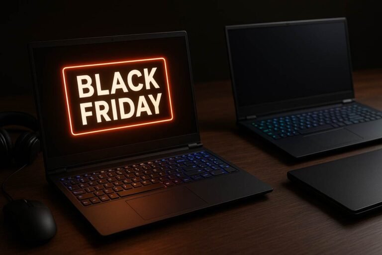 Gaming laptops on desk with Black Friday lighting and RGB keyboards
