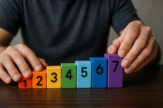 Hands arranging colorful numbered blocks in sequence.