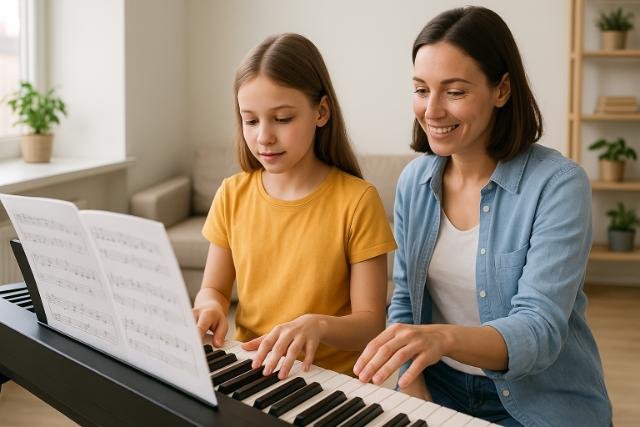 Child practicing piano with adult guidance
