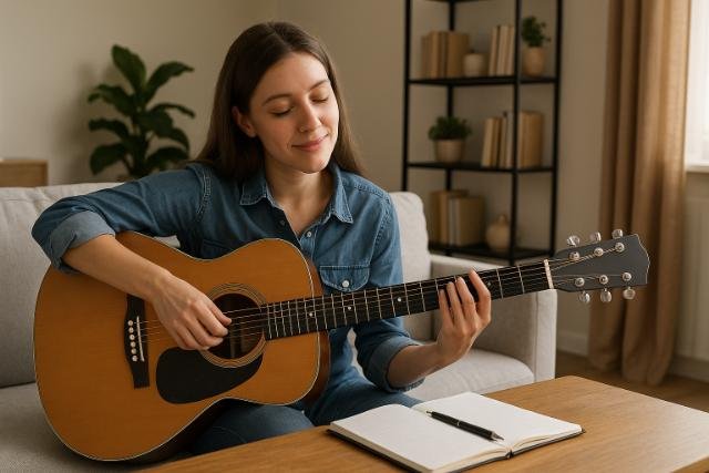 Woman playing guitar in a cozy living room with a notebook