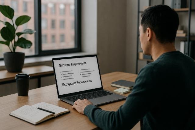 Man reviewing software and ecosystem requirements on a laptop in a modern office.