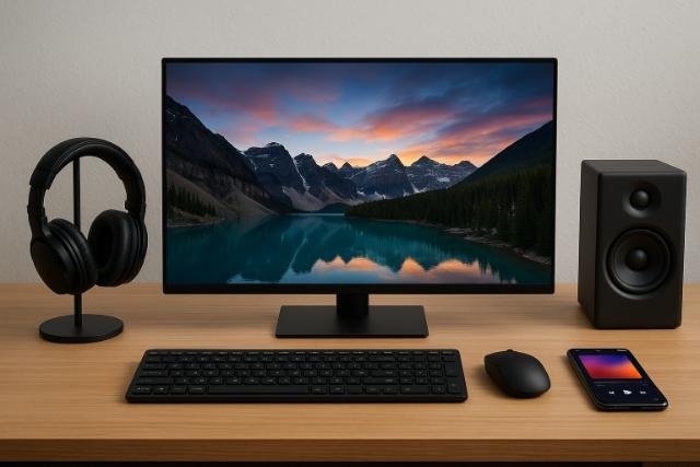 Modern desktop setup with monitor, headphones, speakers, and smartphone showcasing media tech.