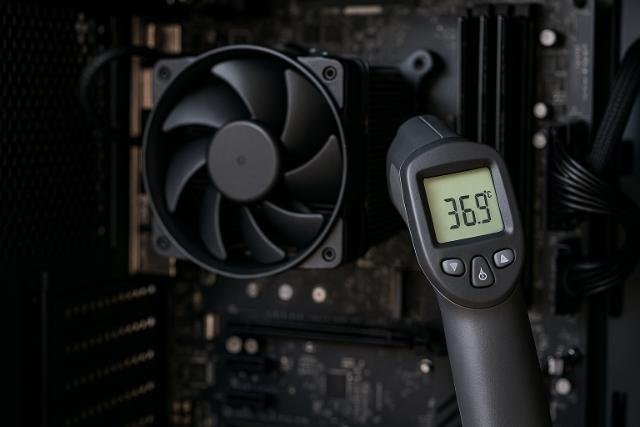 Infrared thermometer checking CPU temperature in a desktop computer.