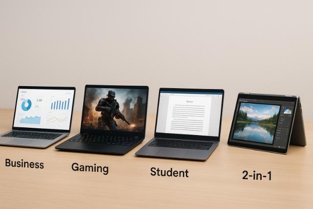 Four laptops representing business, gaming, student, and 2-in-1 categories