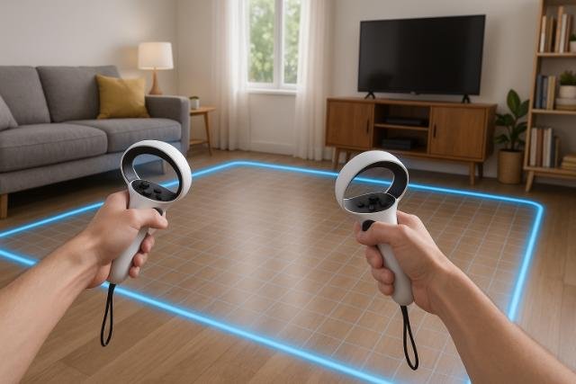 Meta Quest 3 user configuring play area with VR controllers