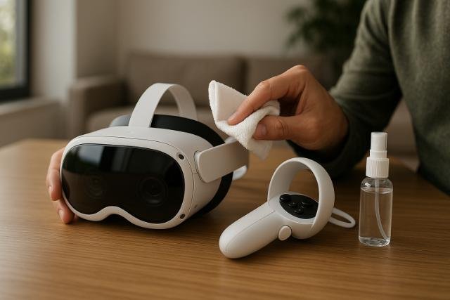 Cleaning Meta Quest 3 headset with microfiber cloth.