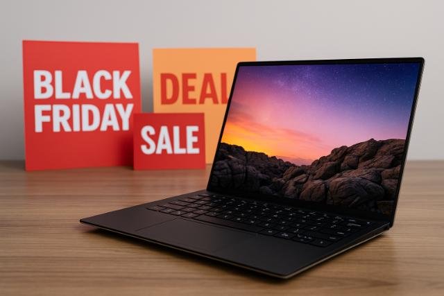 Dell XPS 13 laptop with Black Friday sale signs in the background.