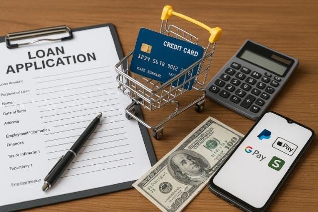  Financial tools including credit card, digital wallet apps, and loan form for fast checkout.