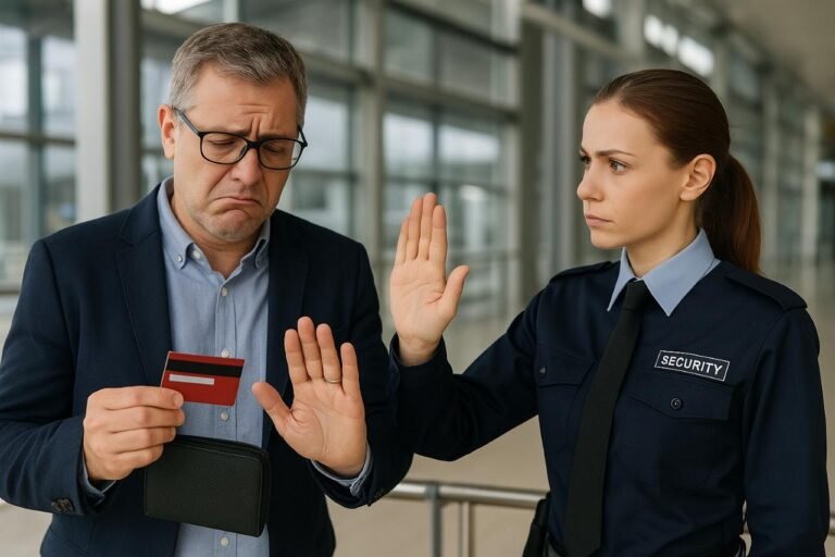 Security officer stopping man with restricted travel card at airport.