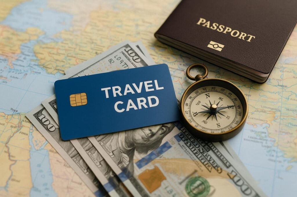 Travel card with money, passport, and compass on a map.