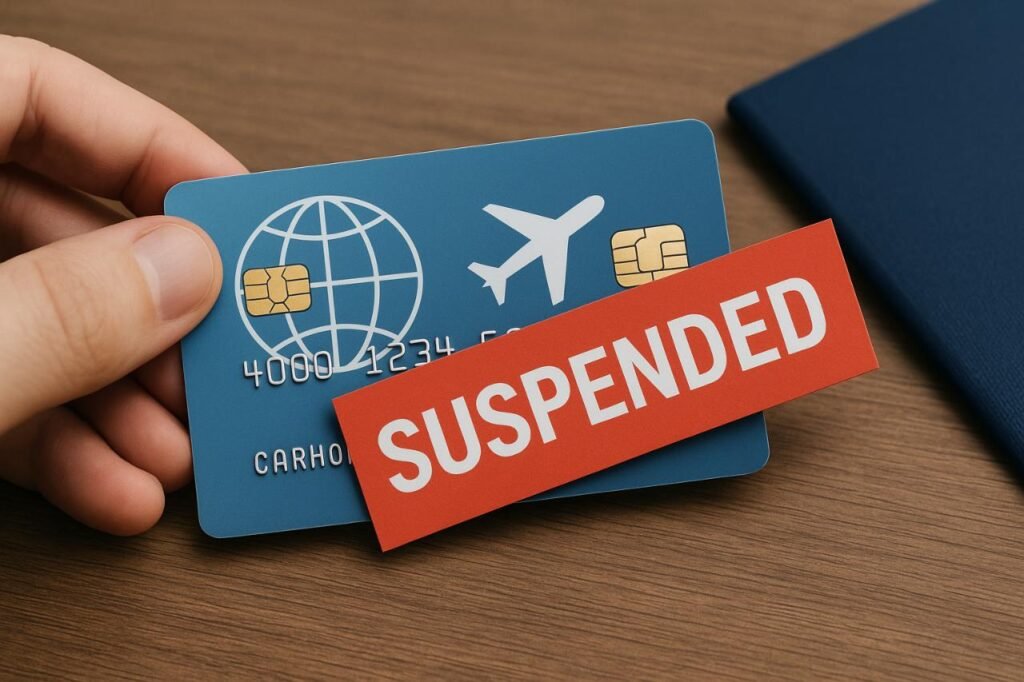 Suspended travel credit card held in hand with passport nearby