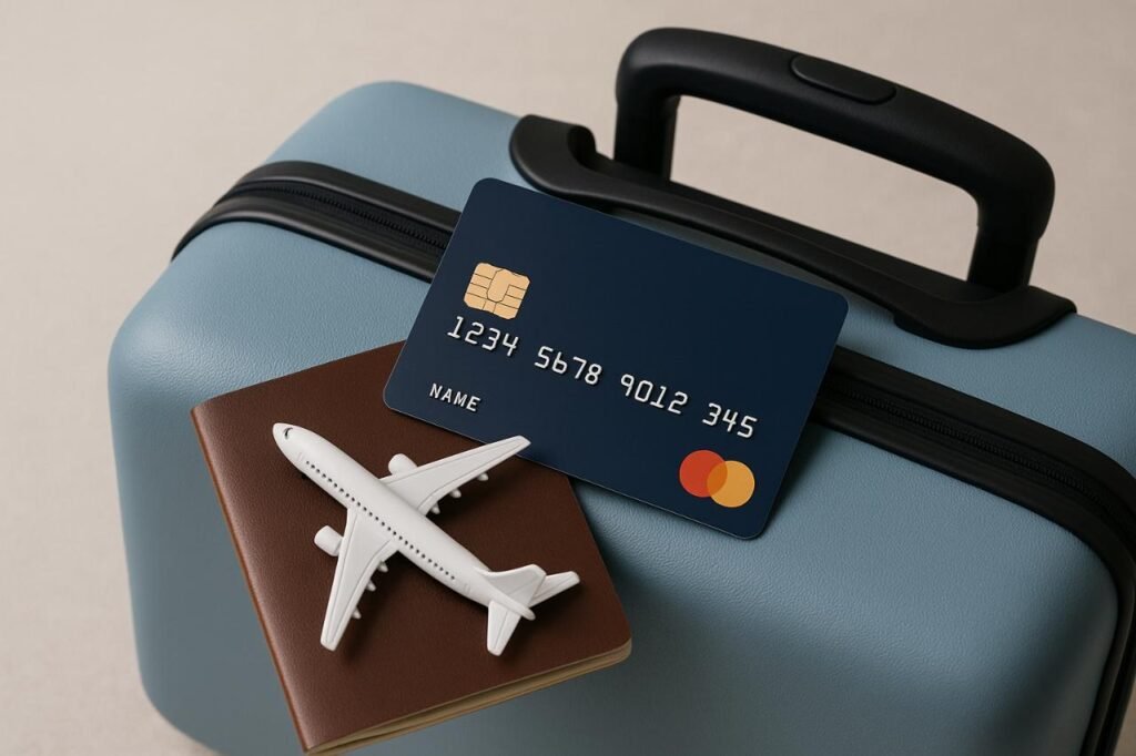 Credit card, passport, and airplane on a suitcase representing travel insurance benefits.
