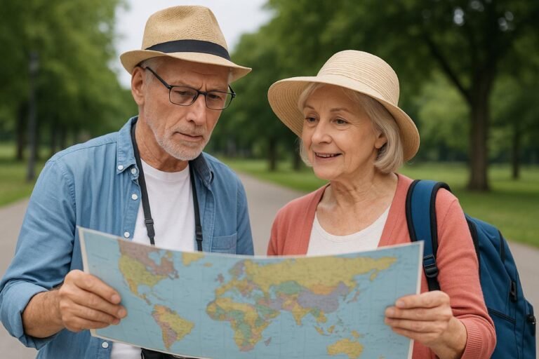 Senior couple looking at a world map while planning travel abroad.