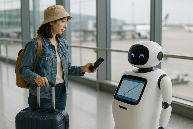 A traveler at an airport interacting with a friendly white service robot near large glass windows, holding her phone and luggage in a bright, modern terminal.