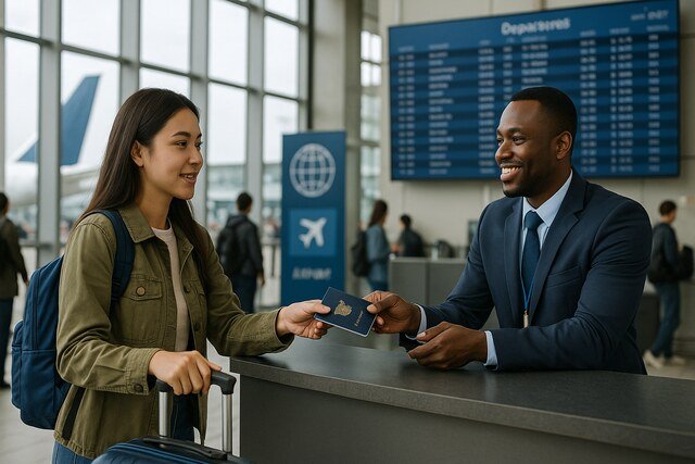 Traveler handing passport to airport staff at check-in counter