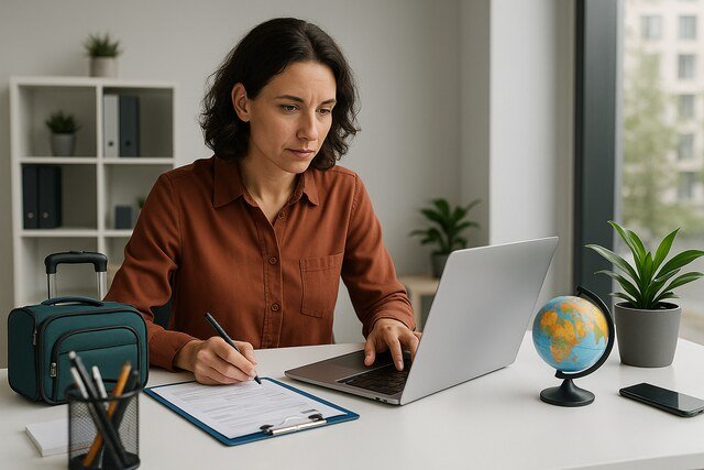 Woman finalizing travel policy modules at her desk with a laptop and travel gear.