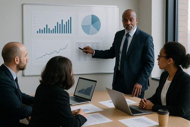 Financial executive presenting charts to team during responsibility briefing.