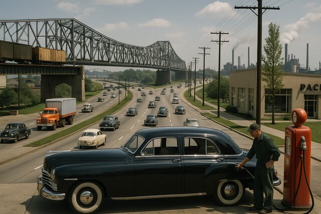 Vintage car refueling near a busy highway and factory during mid-20th century industrial boom.