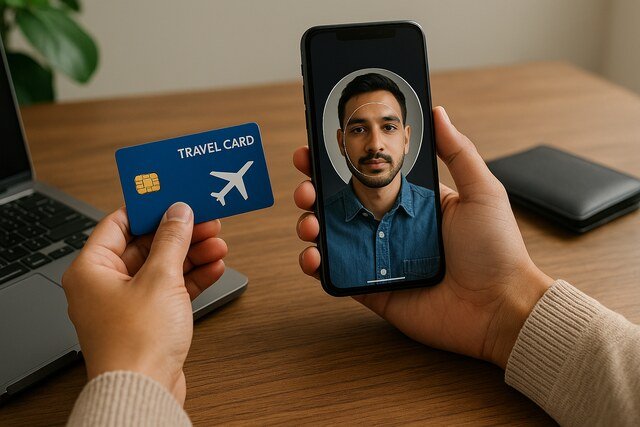 Facial recognition verification before using a travel card