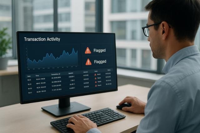 Man monitoring flagged financial transactions on a desktop screen.