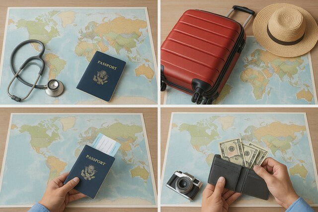 Travel insurance concept with passport, suitcase, stethoscope, money, and map