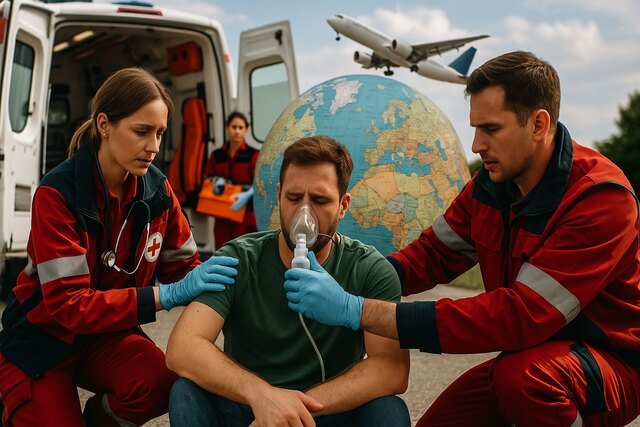 Emergency medical care for a traveler abroad with global travel elements.