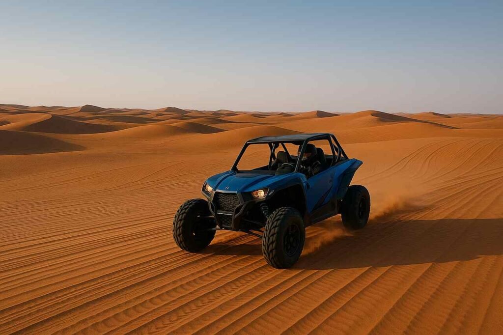 Blue dune buggy driving on Dubai desert dunes.