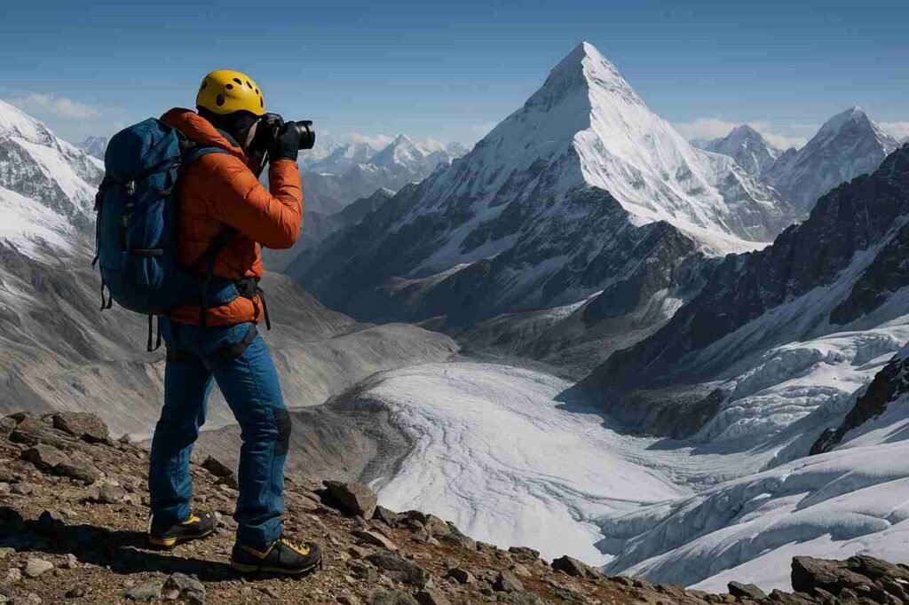 Photographer capturing Mera Peak summit from rocky ridge.