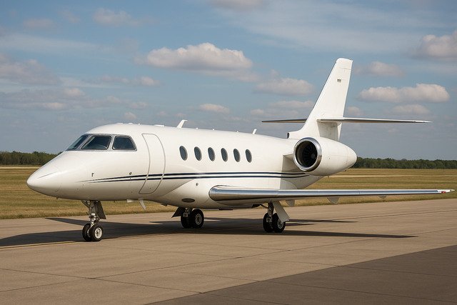 Sleek white private jet parked on runway under cloudy sky
