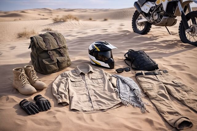 Desert riding gear and clothing laid out on sand