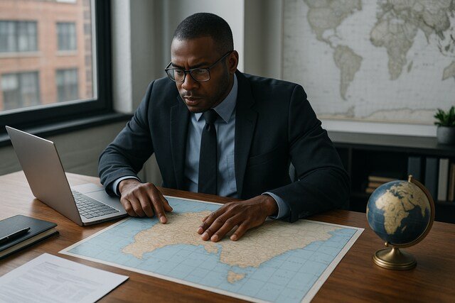 Businessman analyzing map for travel planning in office.