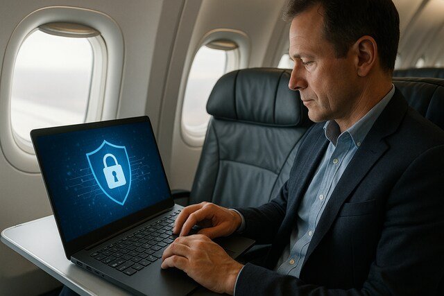 Man working on a secure laptop aboard an airplane.