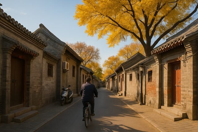 Cyclist riding through Beijing hutong in autumn