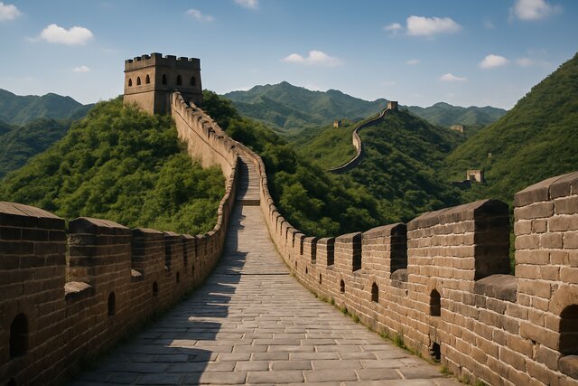 Great Wall of China on lush hills under clear sky.