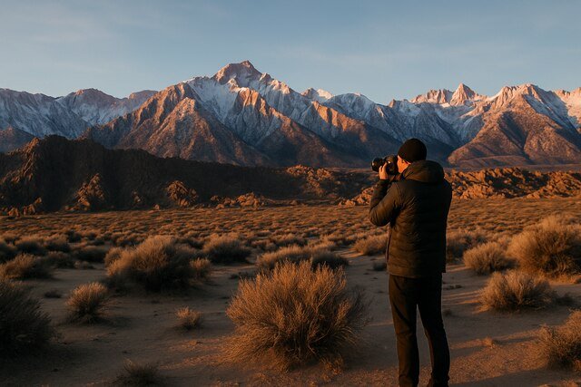Photographer capturing snowy mountains during sunset in desert landscape.
