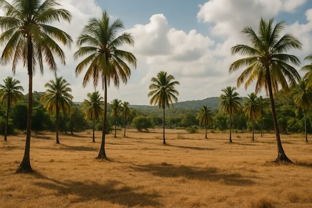 Tropical dry season landscape with coconut trees and golden grass.