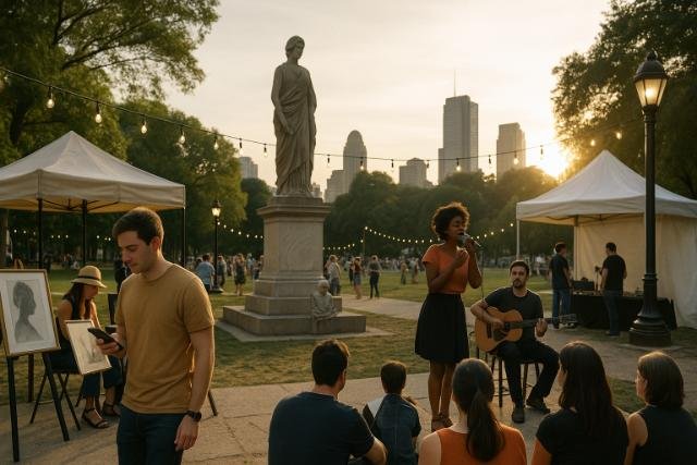 Urban cultural event with music and art in city park