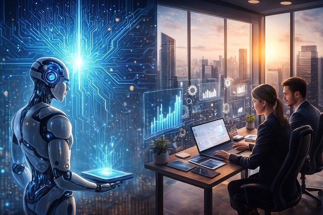 AI brain and gears with business productivity charts in a futuristic city